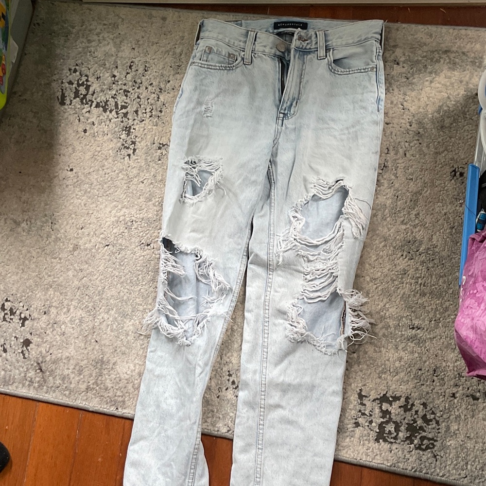 Aeropostale Ripped Light Blue Straight Leg Jeans